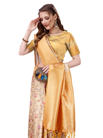 Pujia Mills Smooth Silk Saree For Women Indian Ethnic Wear Pure Silk Blend Zari Weaving Floral Digital Printed Smooth Silk Light