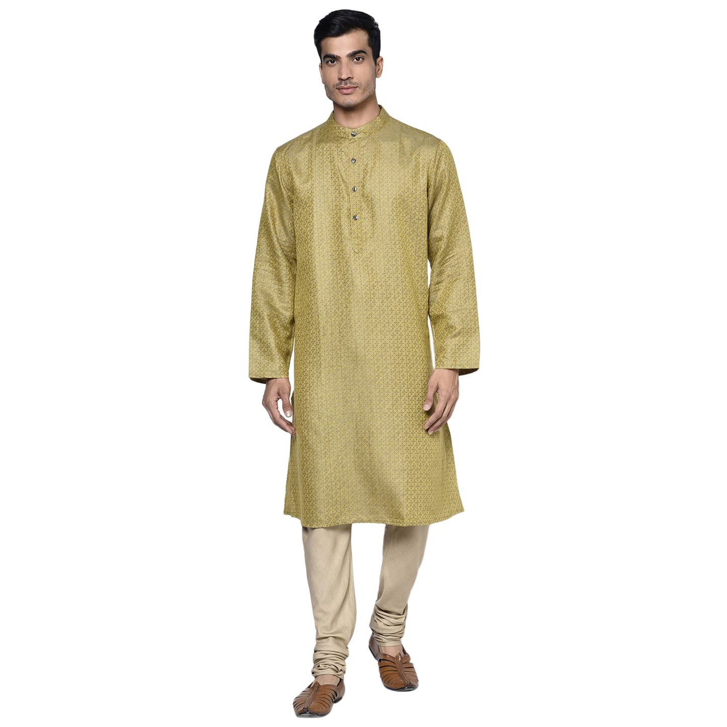Fabindia Men Cotton Jacquard Long Kurta Linen_M Mustard