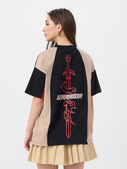 The Souled Store Dragon Warrior Women and Girls Short Sleeves V Neck Black Graphic Printed Cotton Oversized T-Shirts