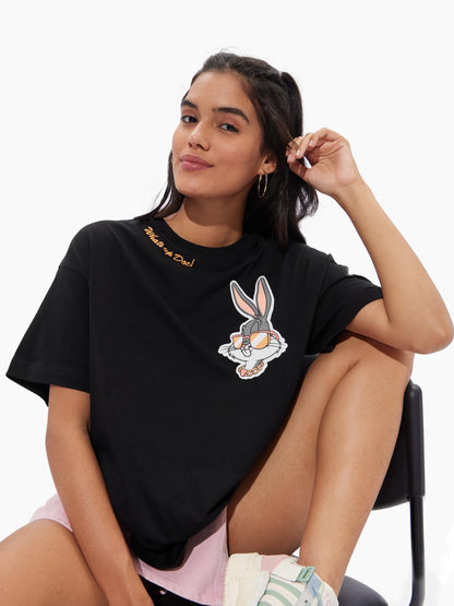 The Souled Store Official Bugs Bunny: Whats Up Doc Women and Girls Short Sleeves Round Neck Black Graphic Printed Cotton Oversi