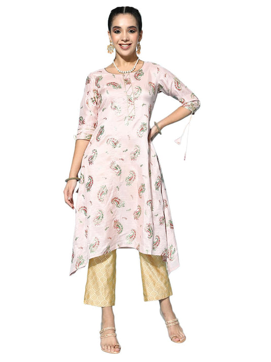 Libas Pink Printed Silk A-Line Kurta