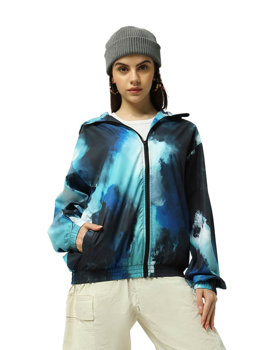 Bewakoof Air 1.0 Womens Tie & Dye Oversized Fit Full Sleeve Hooded Neck Nylon Windcheater Jacket_ 596244 Blue XL