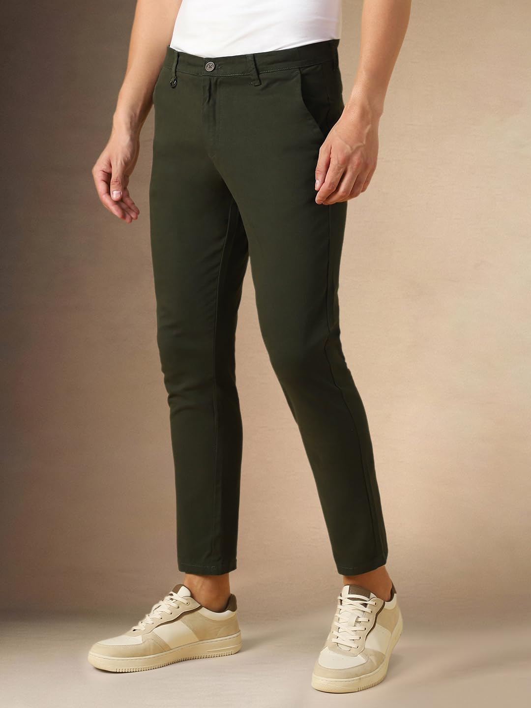 Dennis Lingo Mens Dark Olive Solid Cotton Straight Fit Chinos