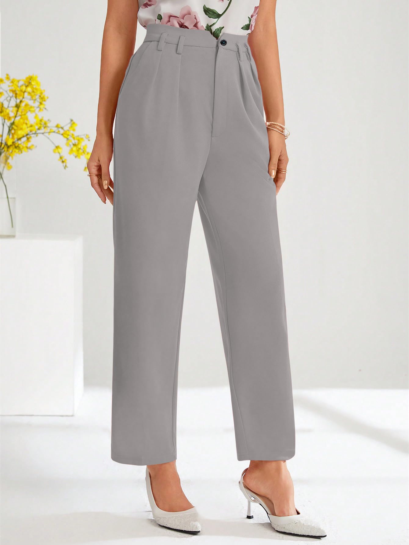 Shasmi Womens Light Grey High Waist Pleated Straight Leg Trousers  Elegant Solid Color Work Pants with Pockets, Casual Office We
