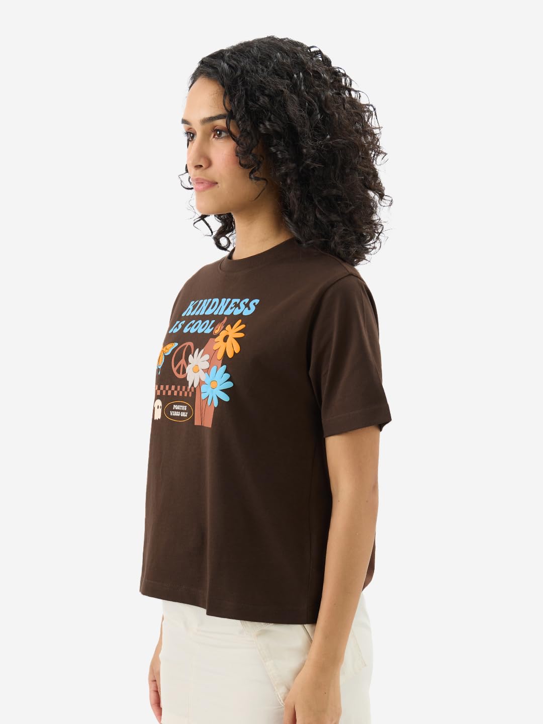 The Souled Store Originals: Kindness is Cool 100% Cotton Women & Girls Short Sleeve Round Crew Neck Brown Graphic Printed Regula