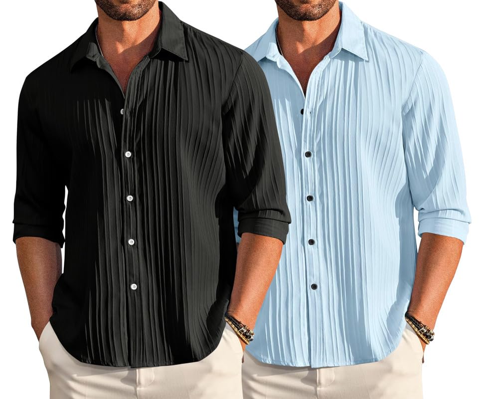 Macsivo Combo Of MenS Casual Button Down Shirts Long Sleeve Linen Shirt Fashion Textured Beach Summer Shirt Pack Of 2