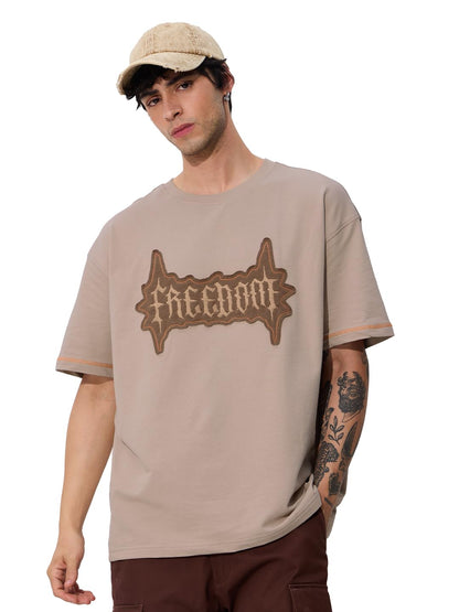The Souled Store Originals Patchwork T-Shirt : Freedom Oversized T-Shirt for Men Boys Cotton Casual Half Sleeves Baggy Loose Fit