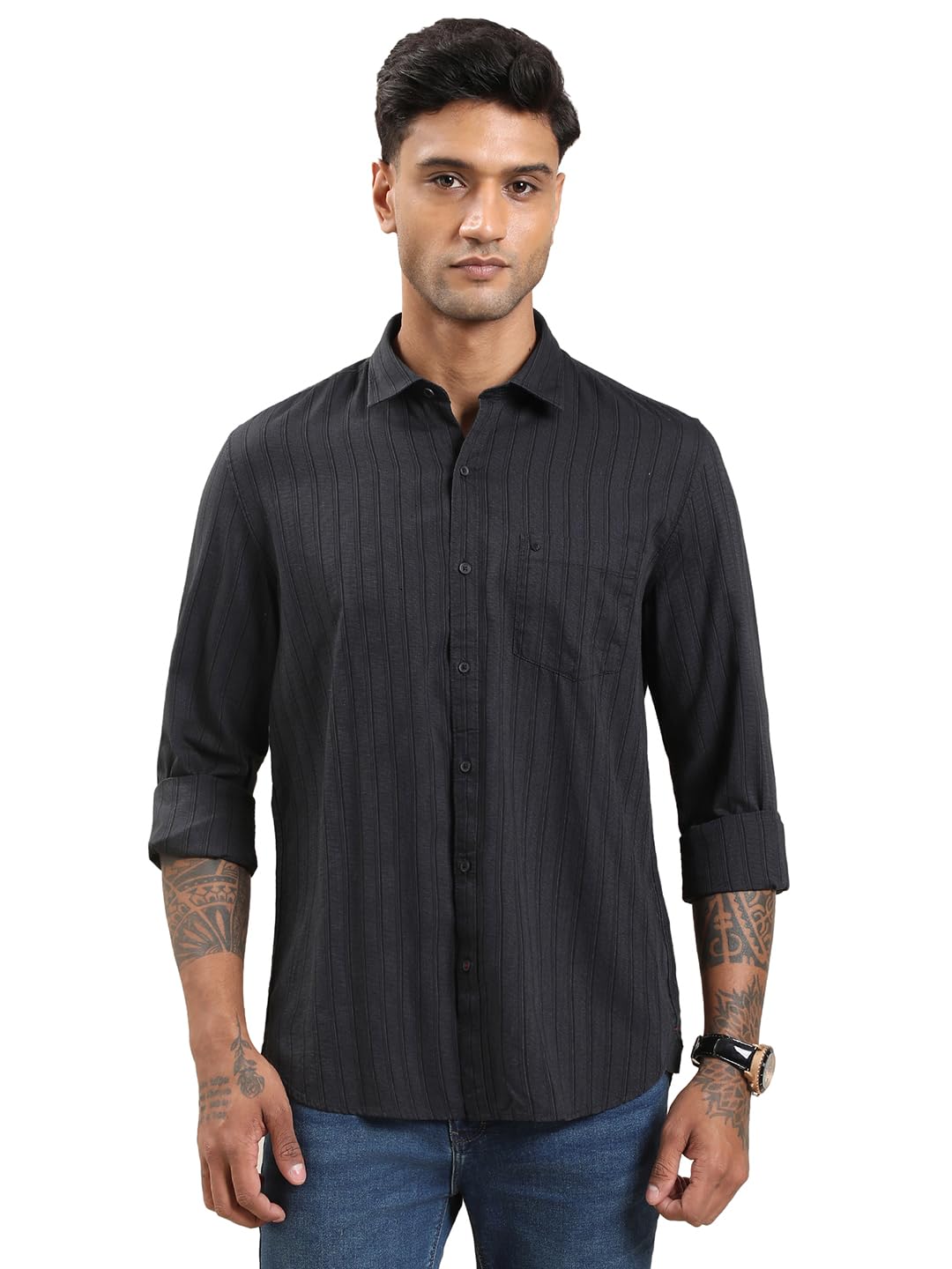 Turtle Men Black Slim Fit Stripes Pure Cotton Casual Shirt