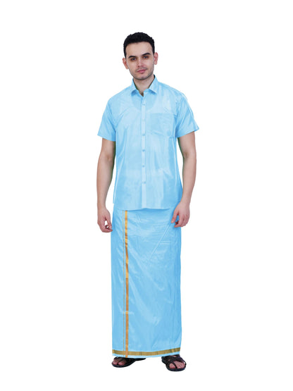 Prakasam Cotton-Mens Art Silk Wedding Set/Art Silk 8 Mulam (8-Yard) Dhoti And Stitched Half Sleeve Shirt