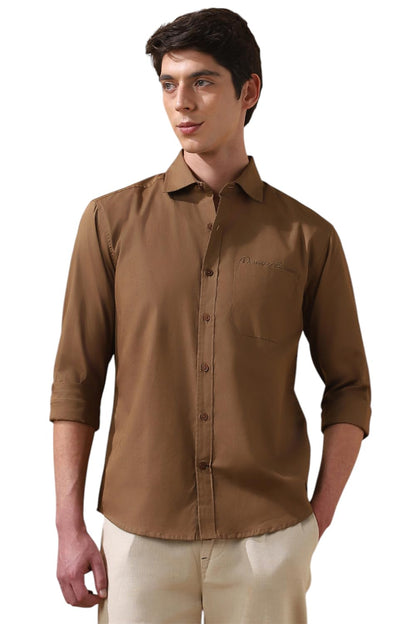 Dennis Lingo Men Solid Cotton Spread Collar Full Sleeves Regular Fit Shirt Brown
