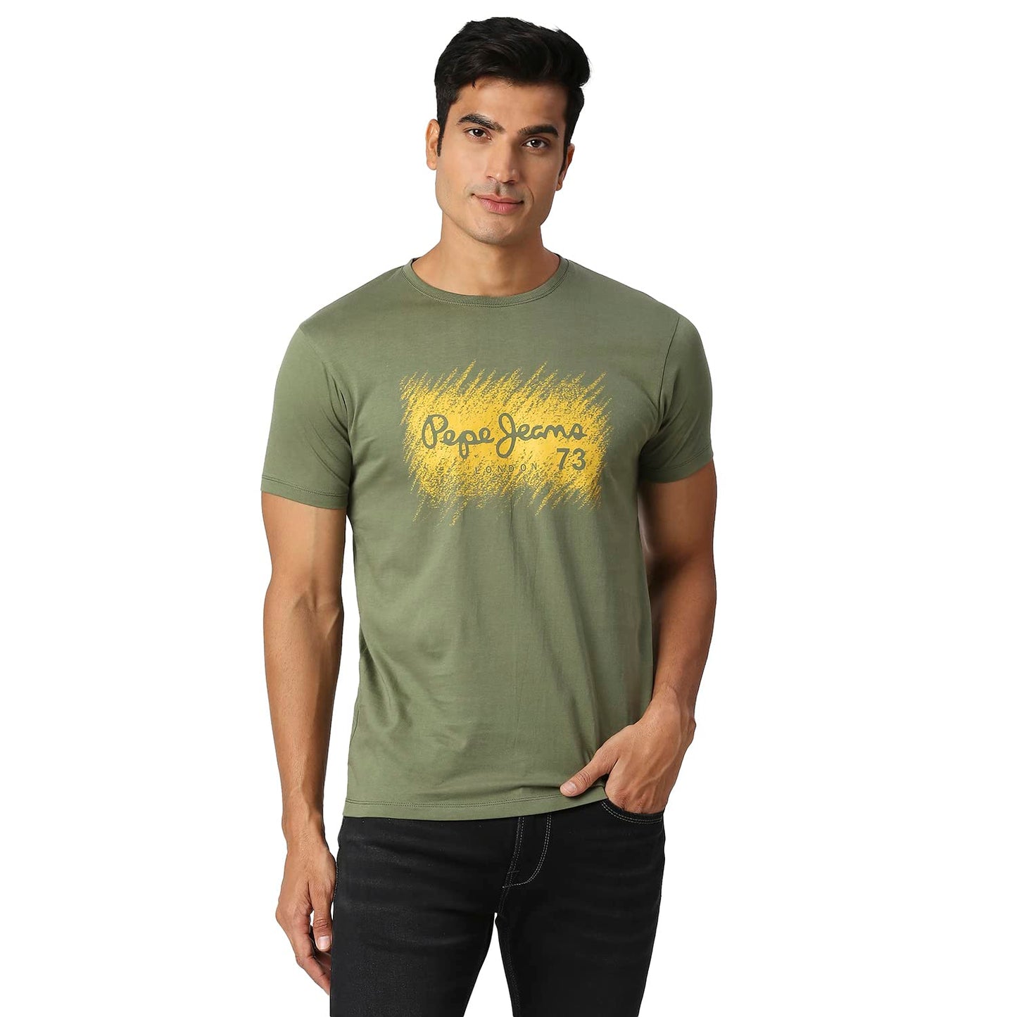Pepe Jeans Men Cotton Blend Slim Fit Graphic Printed T-Shirts Olive, Medium