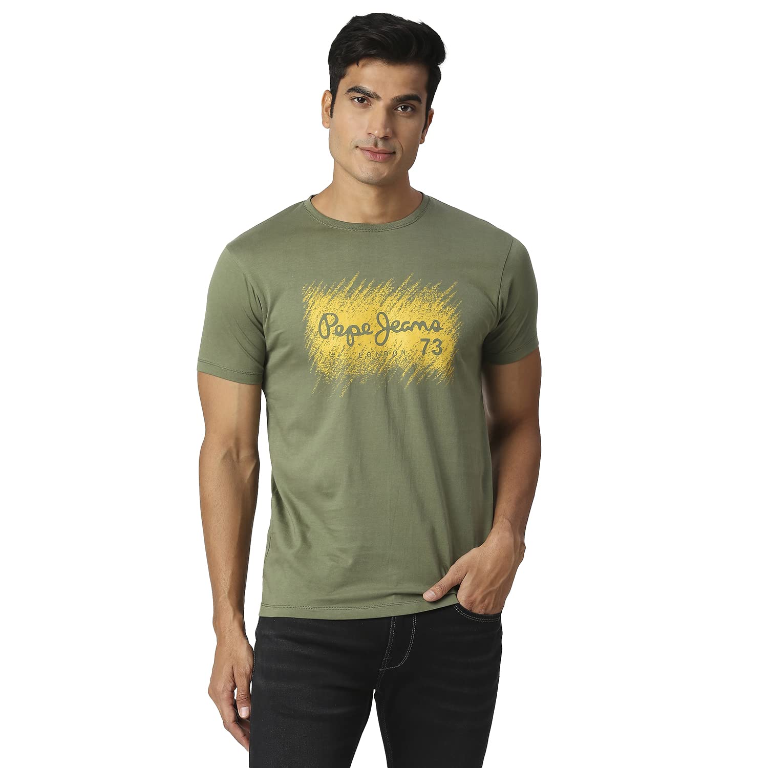 Pepe Jeans Men Cotton Blend Slim Fit Graphic Printed T-Shirts Olive, Medium