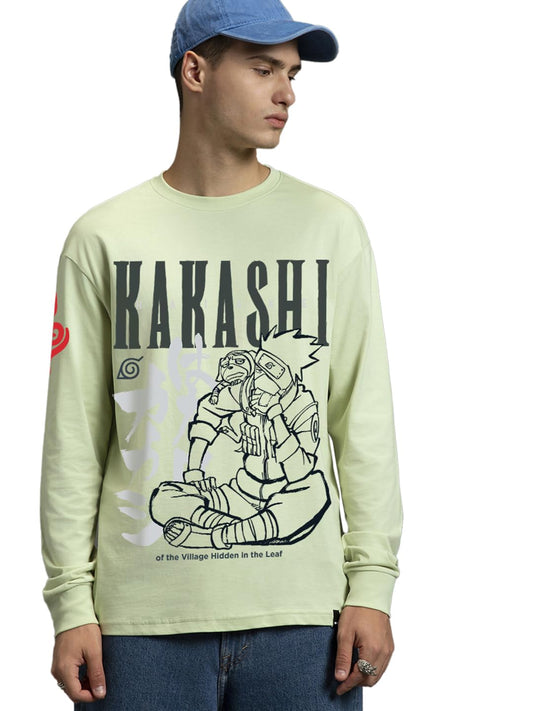 Bewakoof Official Naruto Merchandise Kakashi Hatake MenS Graphic Print Oversized Fit Full Sleeve Round Neck Cotton T-Shirt_67135