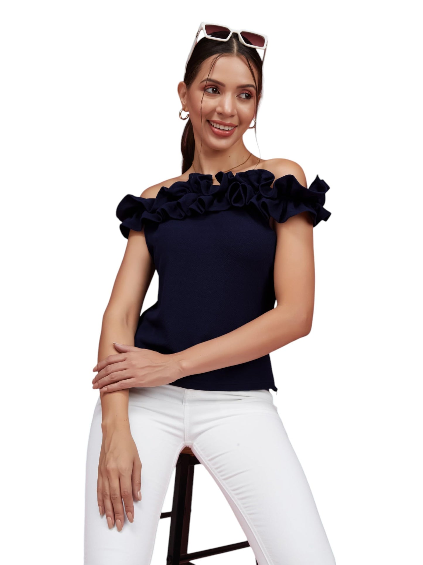 Miss Chase Womens Off Shoulder Sleeveless Solid Ruffled Frilled Bardot Top (MCAW24TP99-73-71-06, Navy Blue, XL)