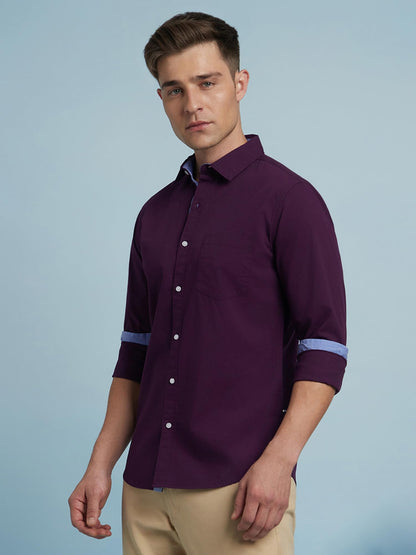 Dennis Lingo Men Solid Spread Collar Full Sleeves Regular Fit Casual Shirt Dark Purple