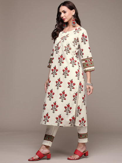 anubhutee Women's Cotton Off White Floral Printed Straight Kurta Suit Set With Pants And Dupatta