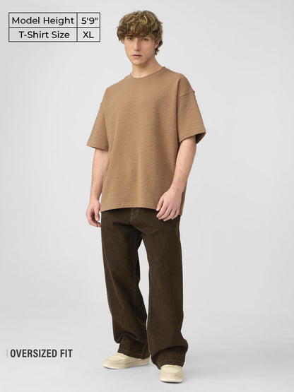 The Souled Store Textured T-Shirt: Sand Men and Boys Short Sleeves Round Neck Solid Cotton Blend Oversized T-Shirts