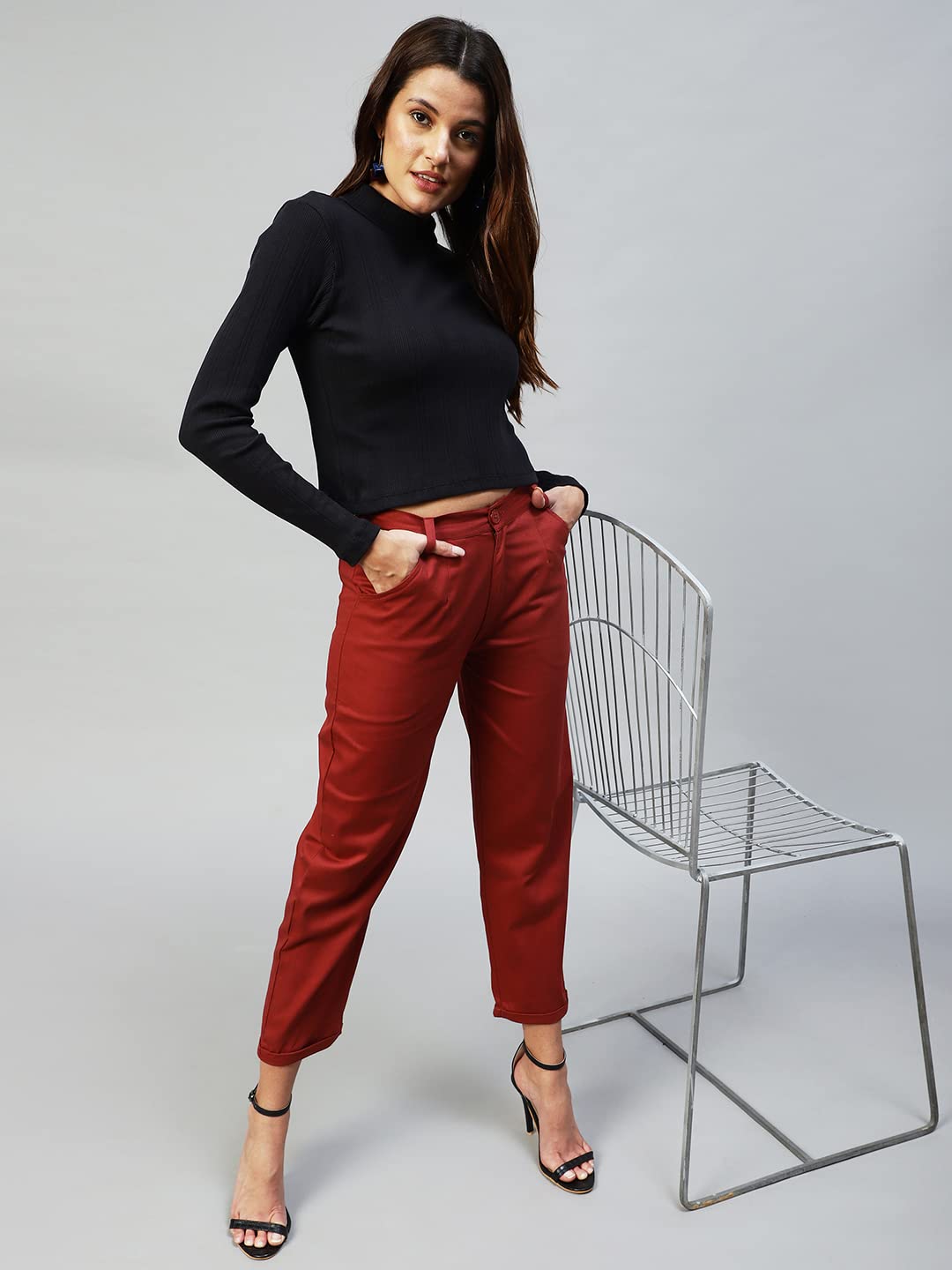 Rigo Cotton Rib Top for Women | High Neck Full Sleeves Crop Top for Women | Stylish, Western Crop Top for Women