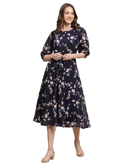 Preneum Womens Maxi Fit & Flare Latest Style Print Georgette Regular Sleeves Casual Summer Maxi Dress || Festival & Occasion, D