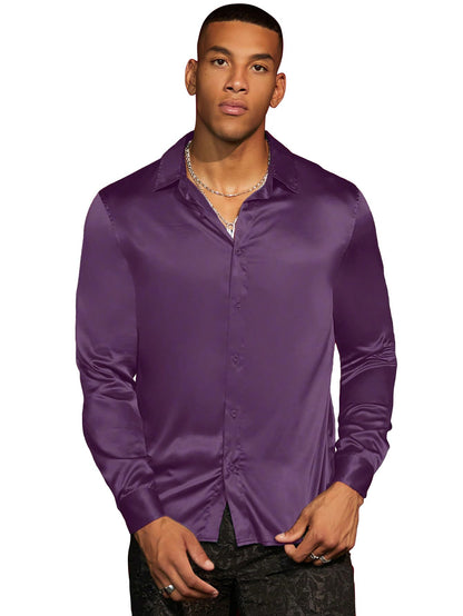 AVANOVA Mens Stylish Magenta Solid Satin Silk Casual Button Down Shirts Long Sleeve Shirt for Men Full Sleeves (Shirt 193 Magen