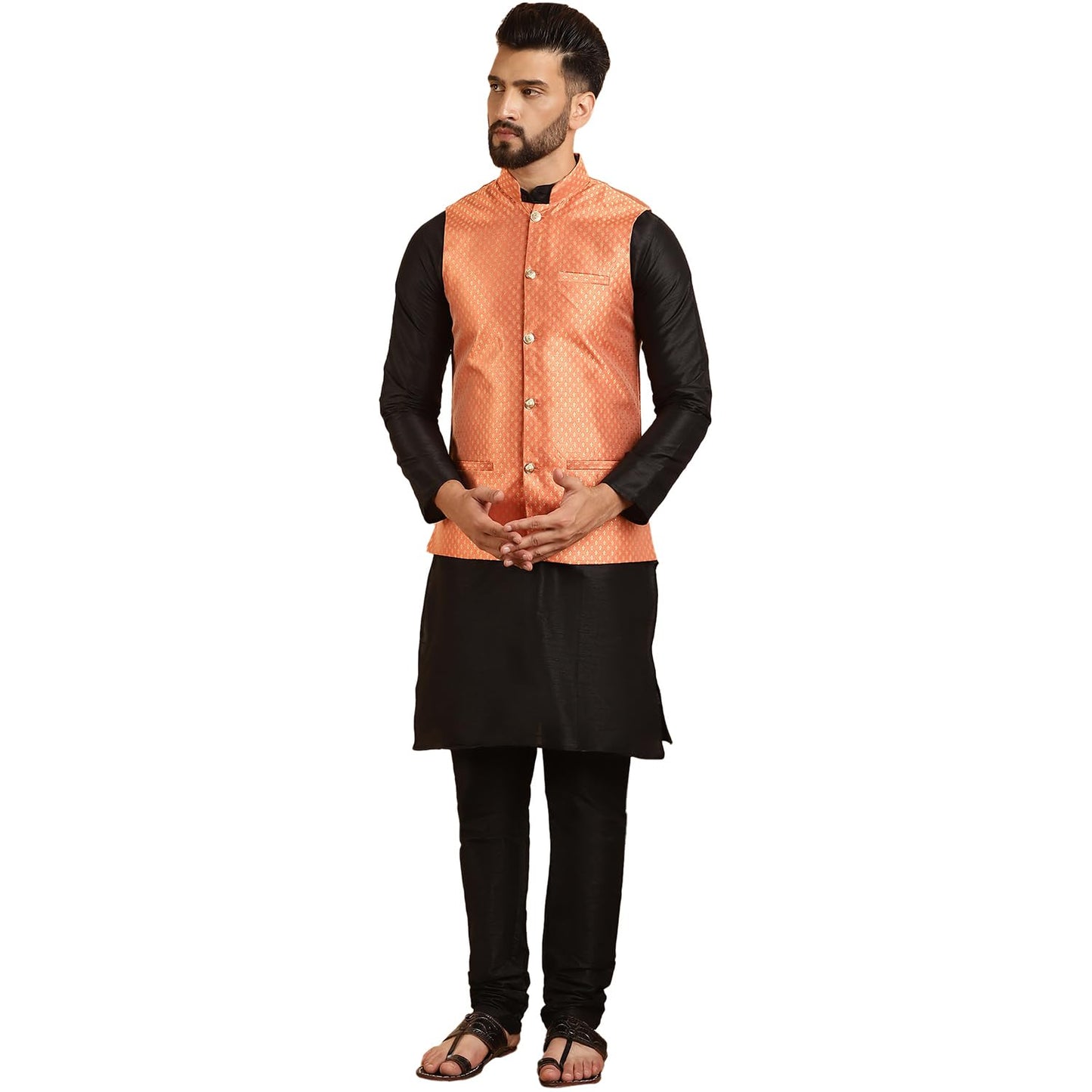 SOJANYA (Since 1958 Men's Silk Blend Black Kurta Pyjama & Orange Self Design Nehru Jacket Combo