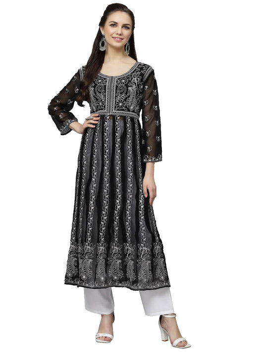 LookMark Chikan Regular Women's Chikankari Georgette Black Color Long Sleeve Embroidered Anarkali Nayra Kurta(K1112-L)