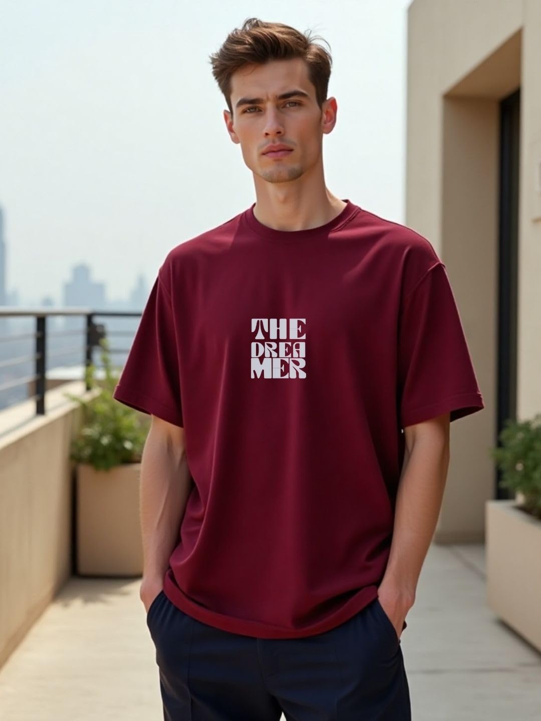 Nobero MenS Typography Oversized Fit T-Shirt (1M-Twrt-C1018-Bl_The Dreamer-Wine Red
