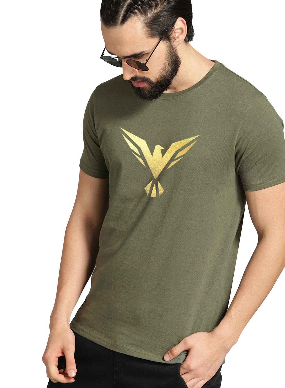 ADRO Men's Bird Gold Printed Cotton T-Shirt (RN23-GL-BIR-OL_Olive)