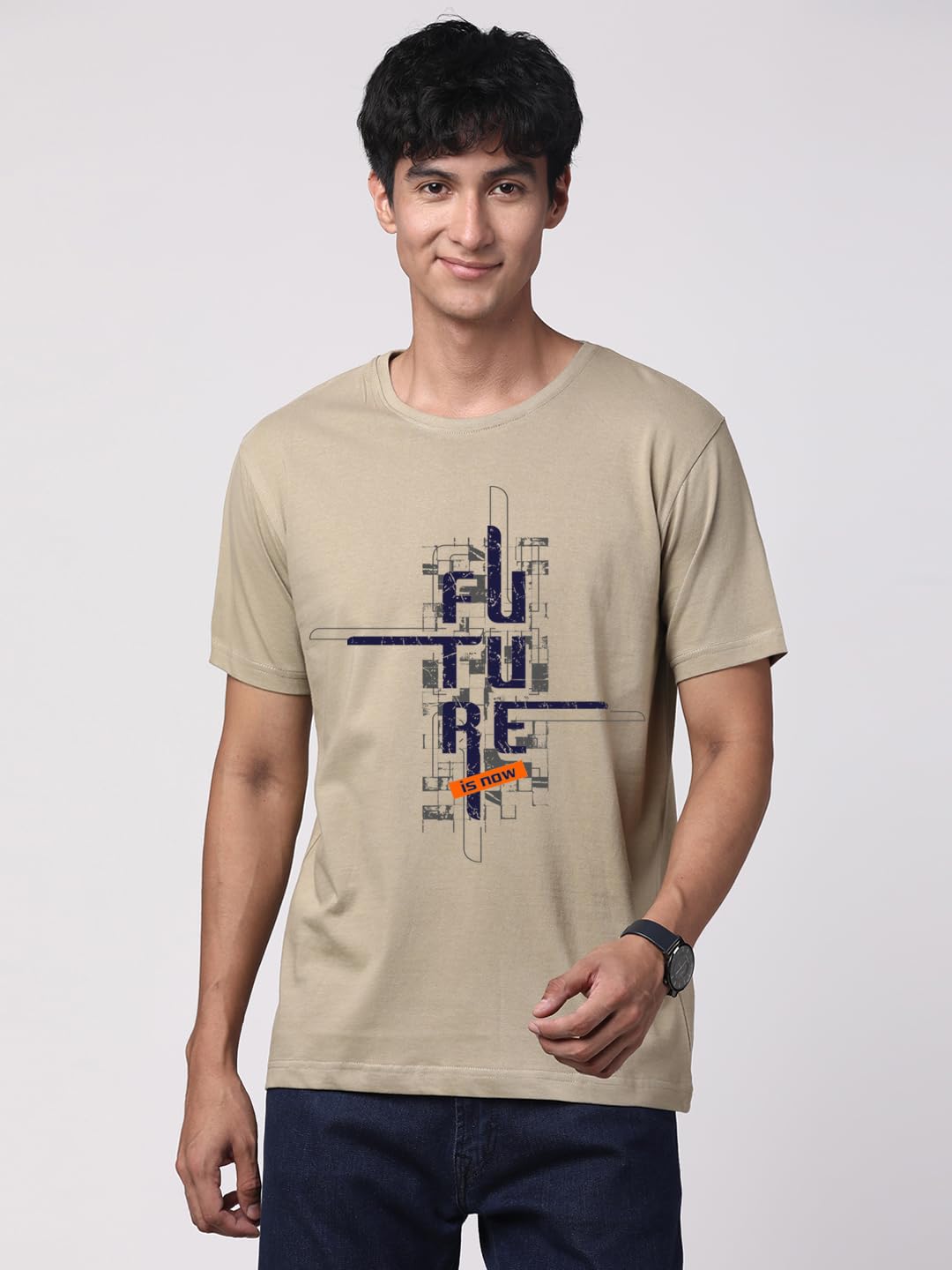 ADRO Men's Graphic Printed 100% Cotton T-Shirt - Regular Fit, Printed T-Shirts for Men (RN24-FTR-BE_Beige)
