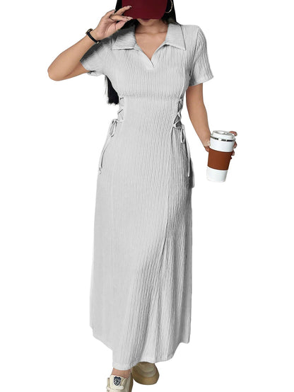 Shasmi Womens White Solid Color Applique Lace-Up Collared Short Sleeve, Side-Tie Waist Long Casual Maxi Women Dress Outfit Long