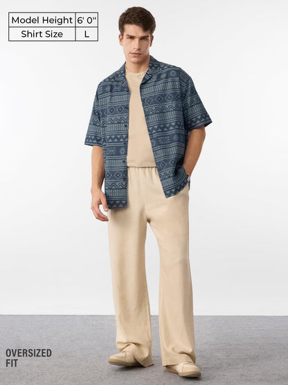 The Souled Store Jacquard: Cerulean Men and Boys Short Sleeve Collared Neck Button Front Blue All Over Printed Cotton Oversized