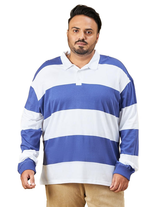 Bewakoof Mens Striped Oversized Fit Full Sleeve Polo Cotton Plus Size Polo T-Shirt_617318_White_6XL