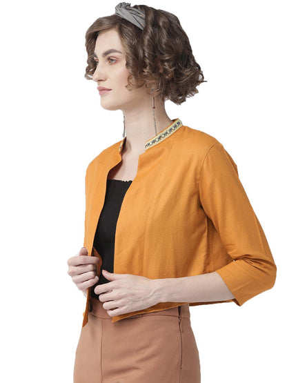 Style Quotient Women Solid Black Cotton Smart Casual Crop Shrug