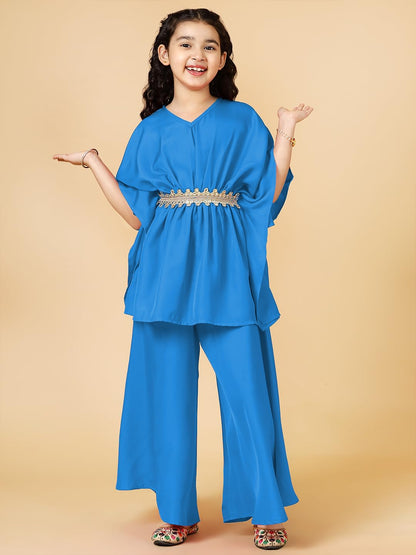 A.T.U.N. (ALL THINGS UBER NICE) Girls Solid Polysilk Turquoise Kaftan with Flared Pant Set