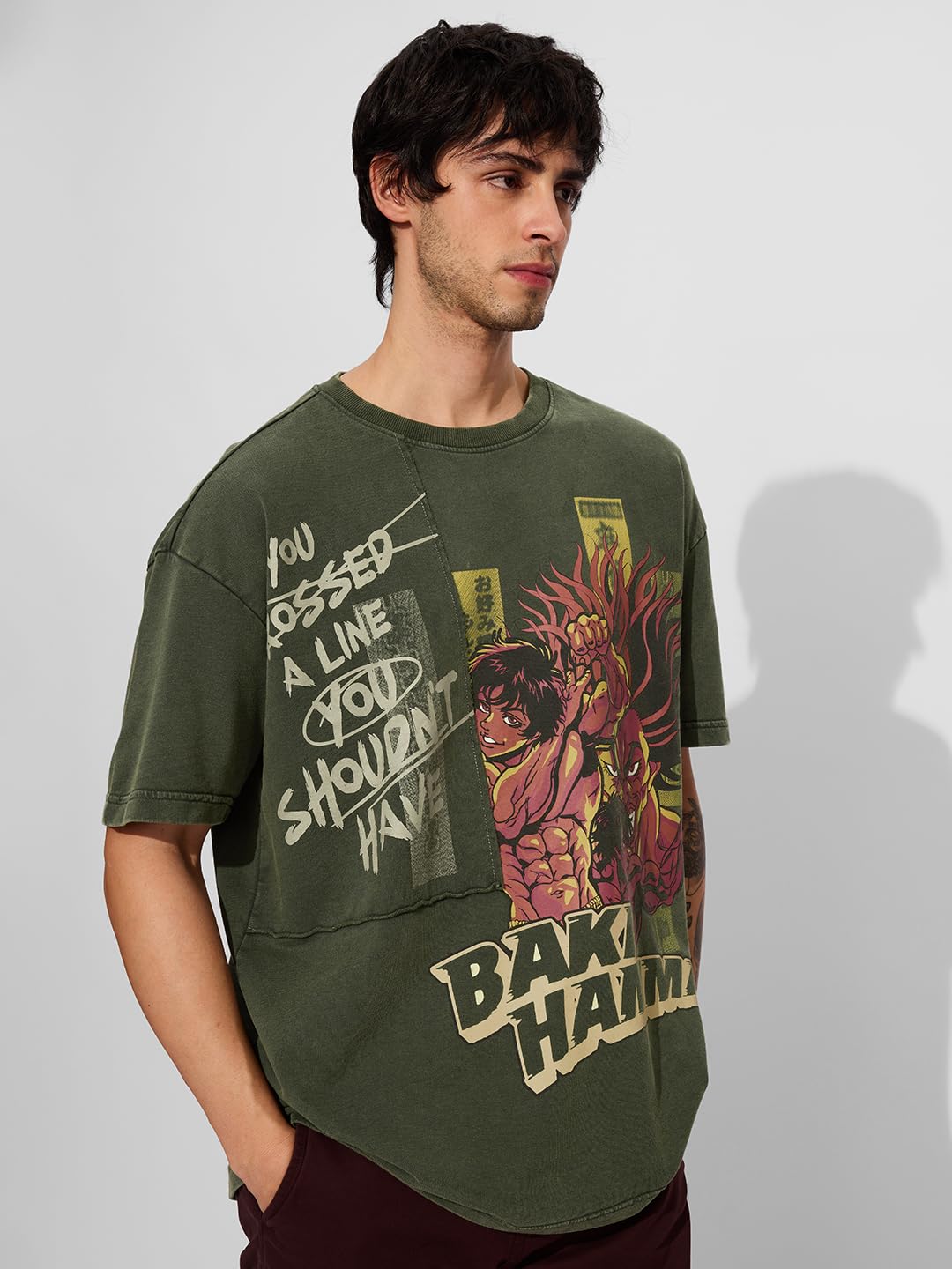 The Souled Store Official Baki Hanma: You Shouldnt Have Men and Boys Short Sleeves Round Neck Green Graphic Printed Cotton Over