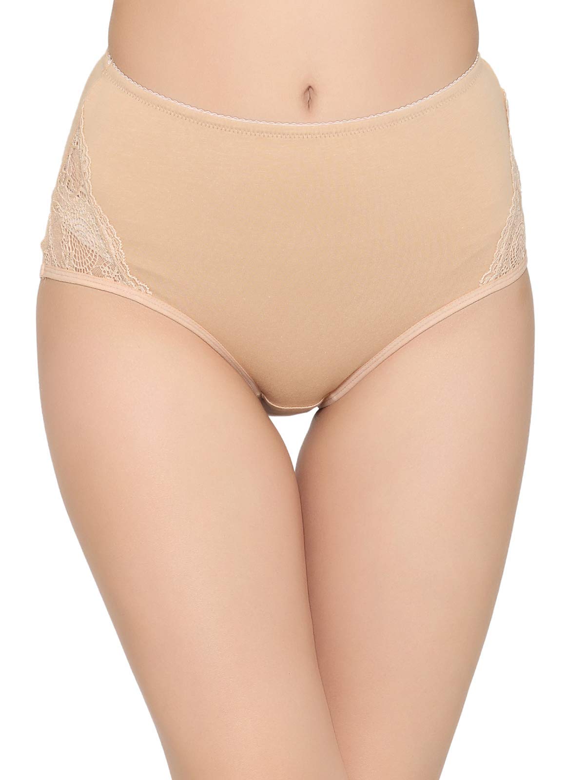 Clovia Women Cotton High Waist Hipster Panty with Lace Panel (PN1057P24_Beige_S)