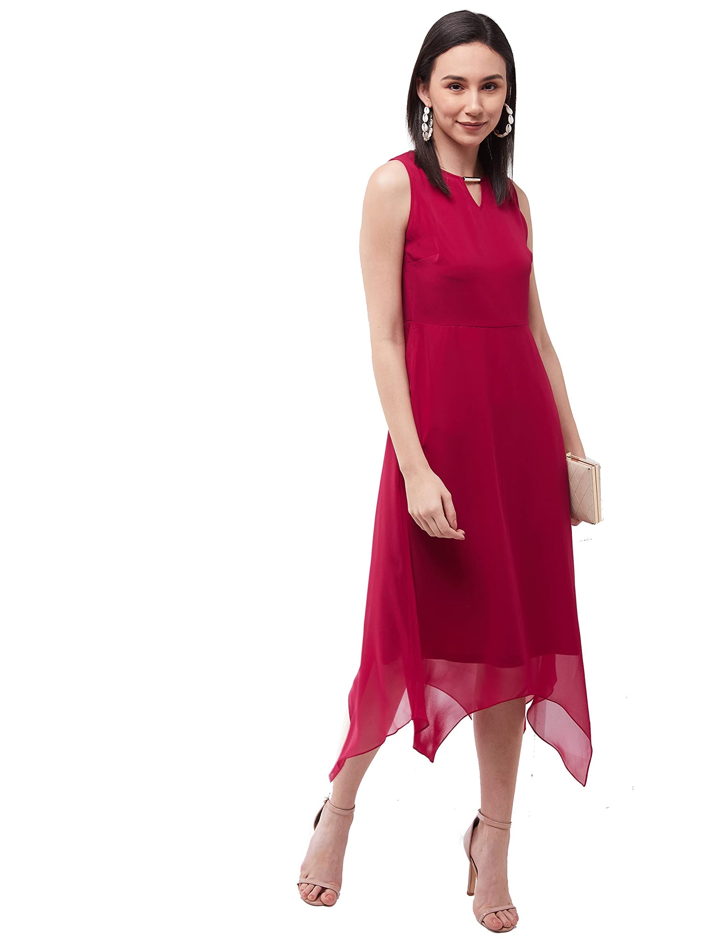 Miss Chase WomenS Pink Solid Georgette Regular Fit Round Neck Sleeveless Crop Length Dress (Mcss21D14-66-23-06_Pink_Xl)