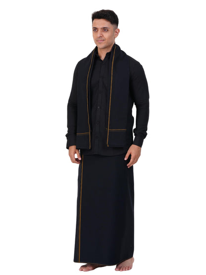 Prakasam Cotton Mens Small Border (Roja) Flexi Adjustable Readymade Pocket Black Dhoti + Readymade Full Sleeve Shirt + Black Sma