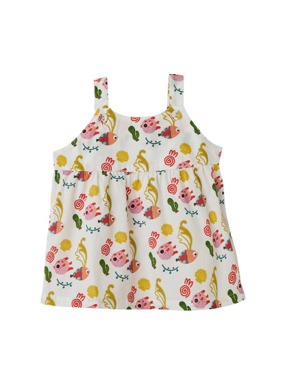 The Souled Store Little Fishy Girls Round Neck Sleeveless White All Over Printed Cotton Tops