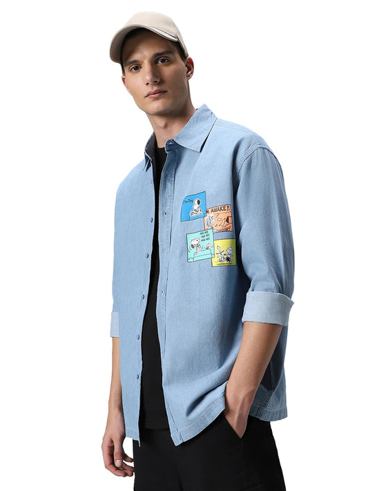 Bewakoof Official Peanuts Merchandise Mens Graphic Print Oversized Fit Shirt_604442_Blue_XL