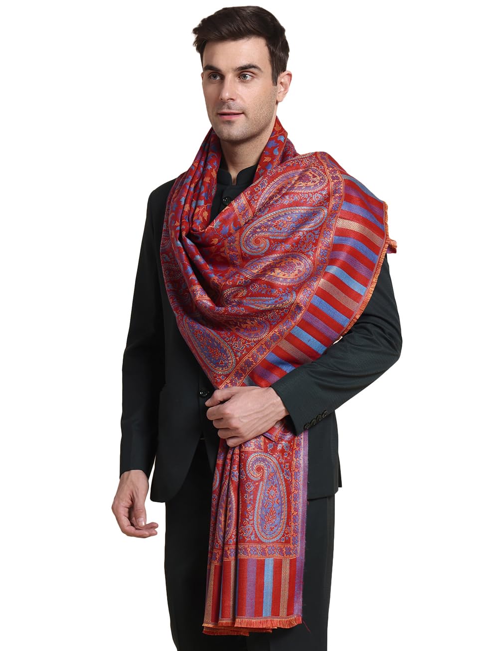 Weavers Villa Mens Acro Wool Blended Shawl - Handloom Woven Paisley Pattern - Stoles for Men - Gents Shawls - Soft & Warm Wrap