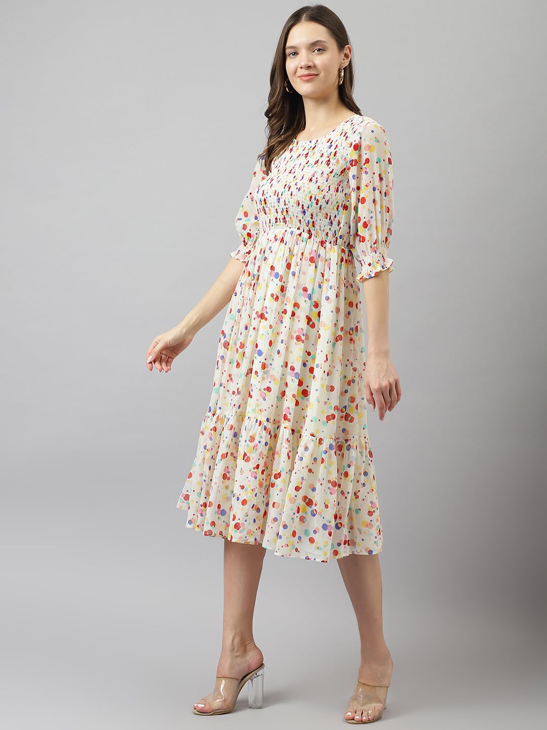 Toochki WomenS White Georgette Polka Dot Tiered Western Midi Length A Line Kurti Suitable In Summer Wear Western Latest Trendy