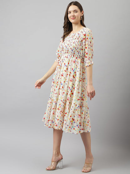 Toochki WomenS White Georgette Polka Dot Tiered Western Dress | Dress For Women | A Line Dress | Winter Dress | Western Dress |