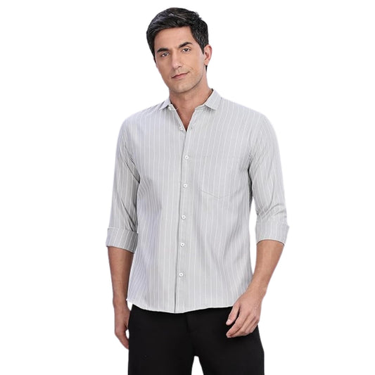 Mildin MenS Grey Pure Cotton Full Sleeve Spread Collar Regular Fit Striped Printed Formal Shirt With Patch Pocket (Grey Oxford