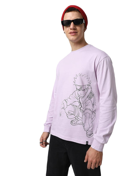 Bewakoof Official Naruto Merchandise Mens Graphic Printed Oversized Fit Full Sleeve Round Neck Cotton Jersey T-Shirt_ 627699 Pu