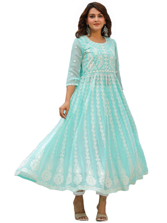 ANNI DESIGNER Women's Georgette Regular Fit Anarkali Chikankari Embroidered Calf Length Kurta Dress