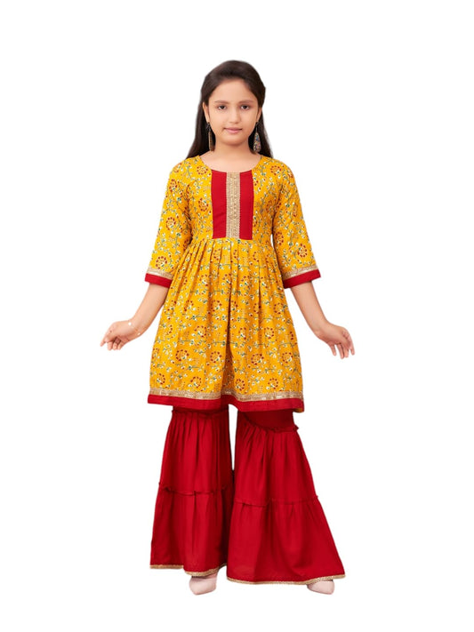 Aarika Girls Ethnic Wear Yellow-Red Colour Foil Print With Lace Work Rayon Kurta Sharara Set