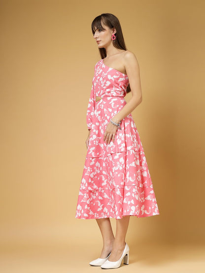 Oomph! WomenS Western & Fusion Wear Printed Crepe Dress For Women, One Shoulder, Pink - Md1062