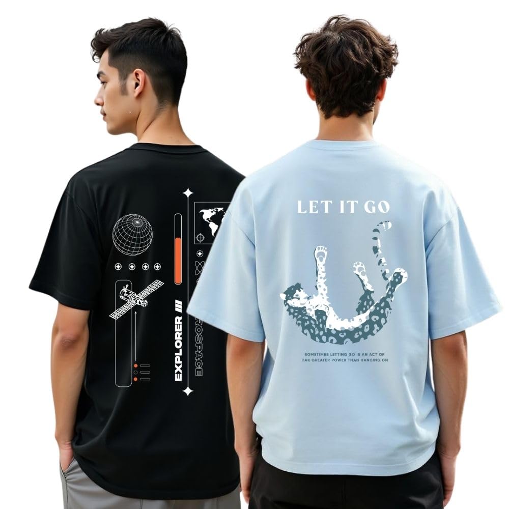 Nobero MenS Graphic Print Oversized Fit T-Shirt (1M-Twrt-C0869-X_Powder Blue/Black