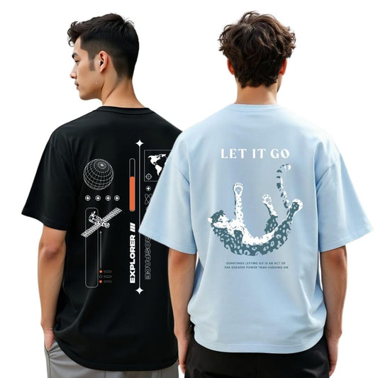 Nobero MenS Graphic Print Oversized Fit T-Shirt (1M-Twrt-C0869-X_Powder Blue/Black
